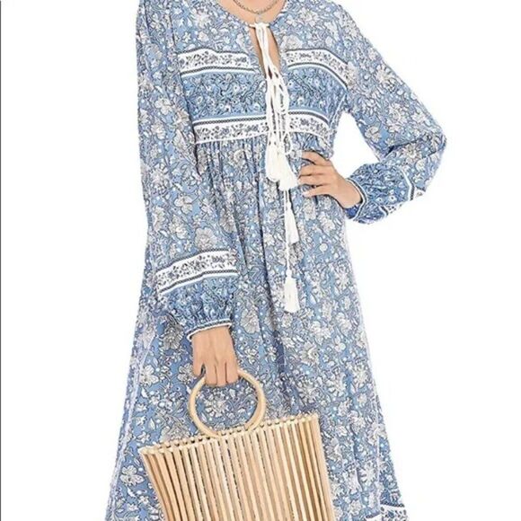 R. Vivimos blue and white floral long elastic sleeve Dress, tassel closure, Sz S - Picture 2 of 13